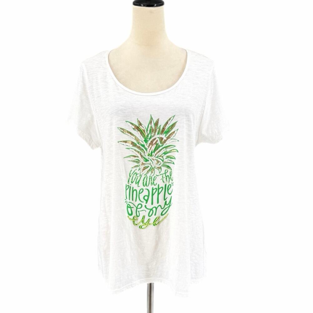 Crown & Ivy NEW 100% Cotton White Pineapple Tropic Graphic Beaded Sequin Tee